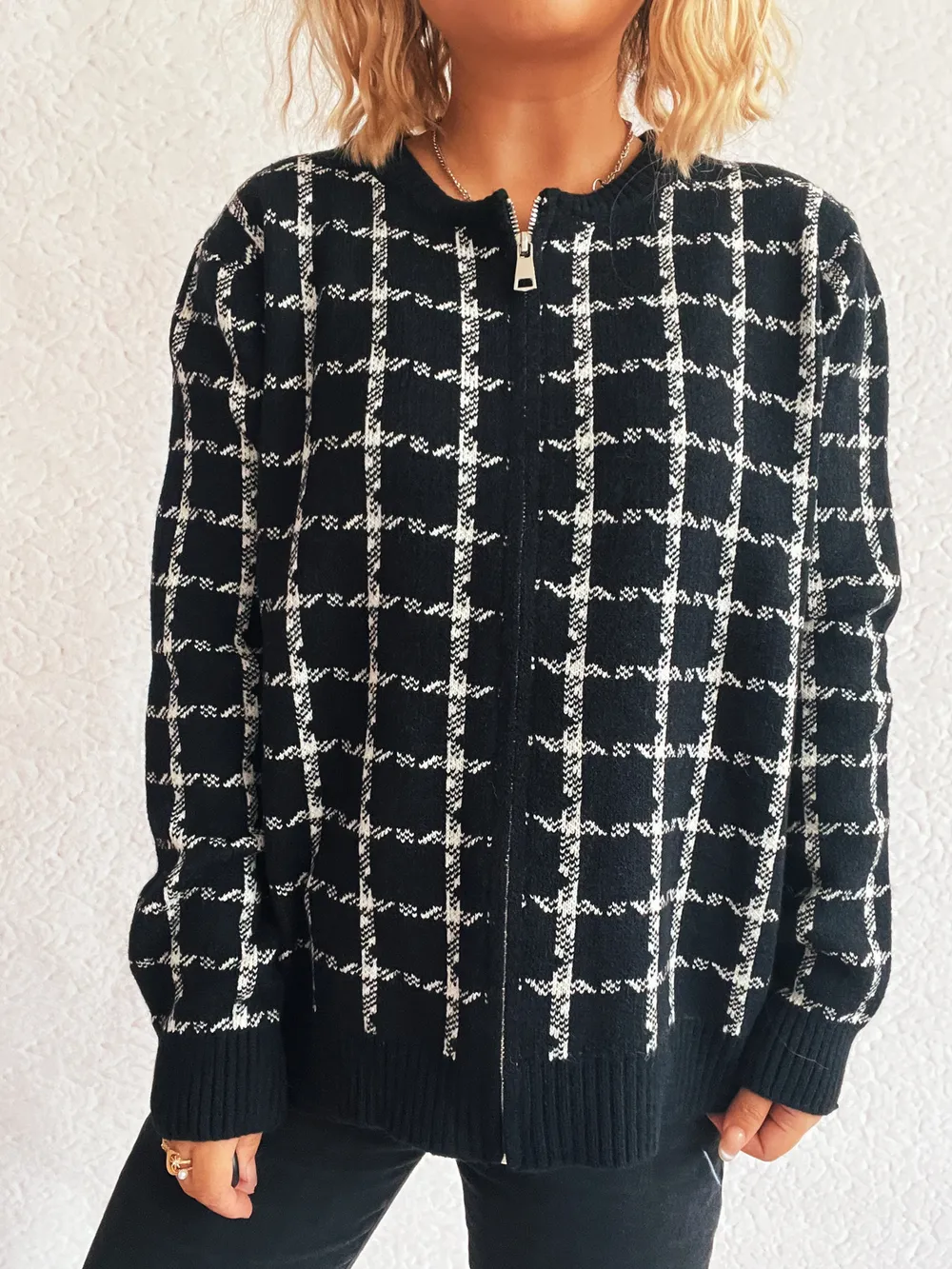 Plaid Pattern Zip Up Cardigan, image 15