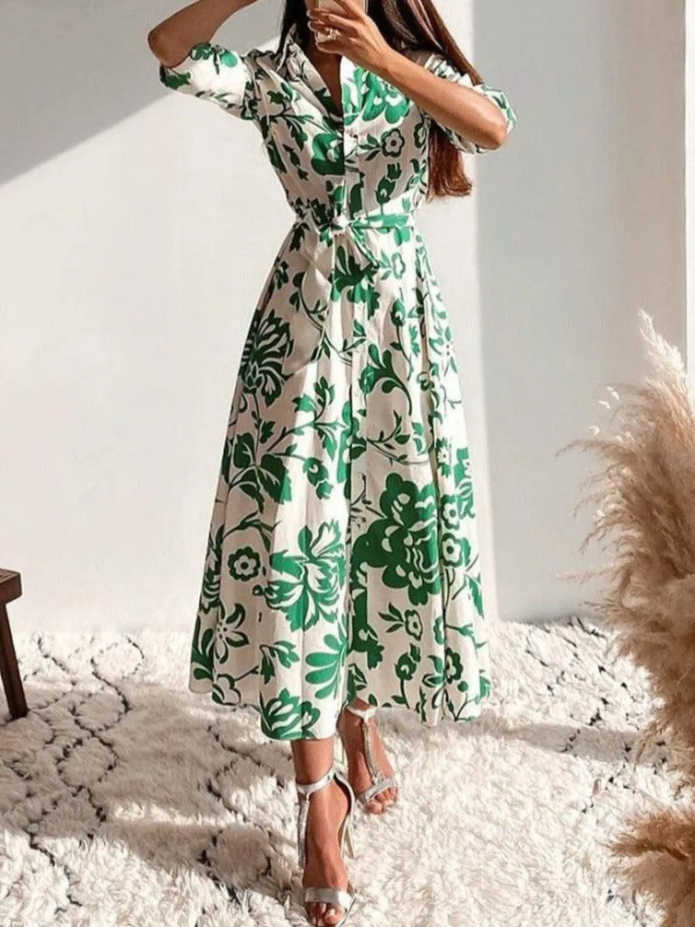 Printed Tie Waist Shirt Dress, image 4