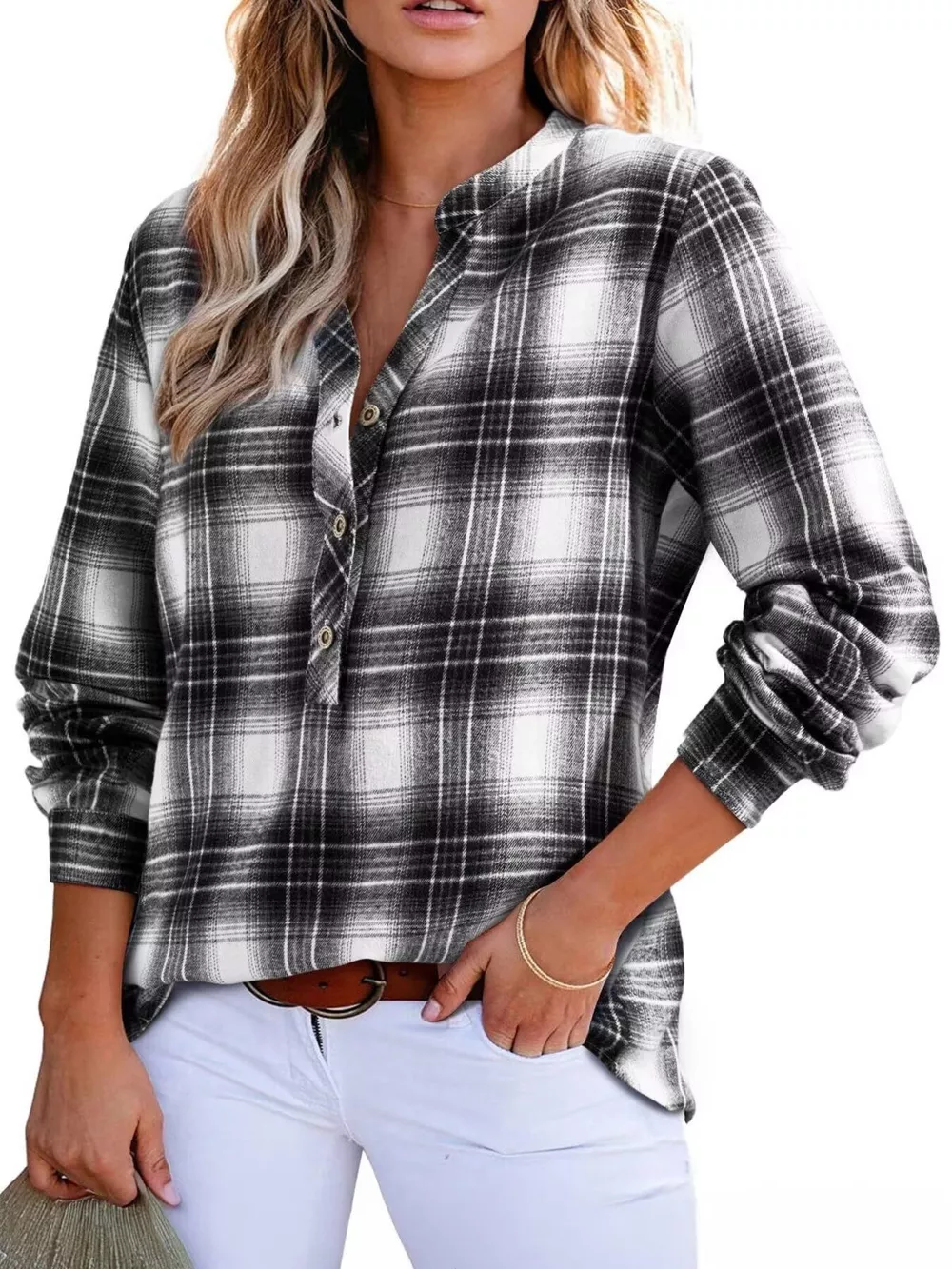 Plaid Half Button Long Sleeve Blouse, image 25