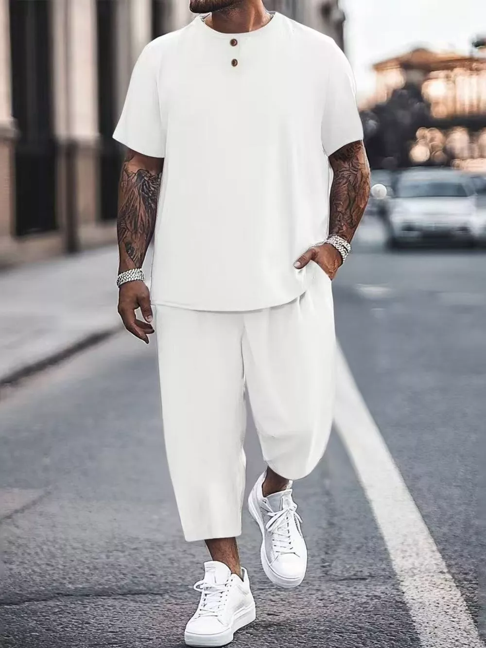 Men's Plus Size Casual Short Sleeve Top and Pants Set, image 3