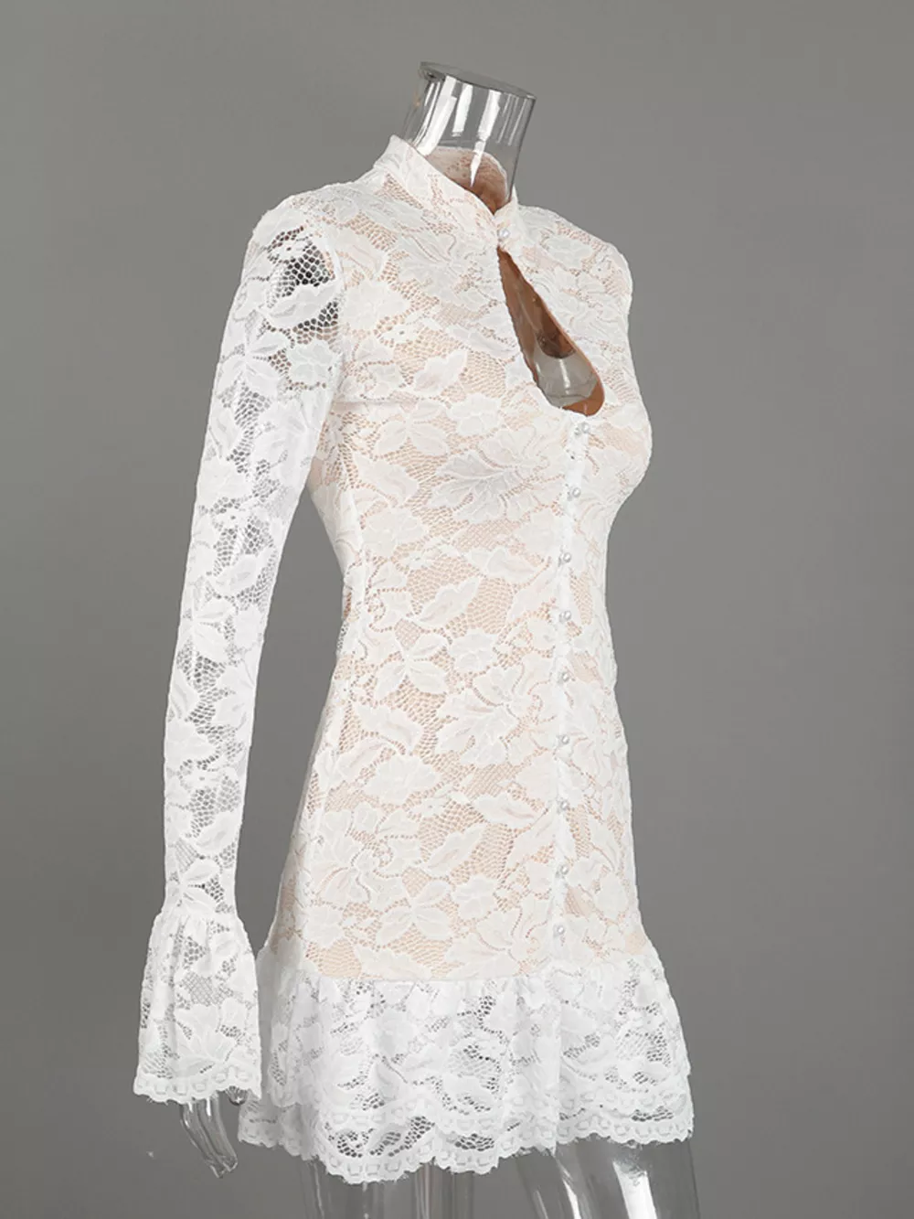 Lace Long-Sleeve Ruched Mini Dress, image 12