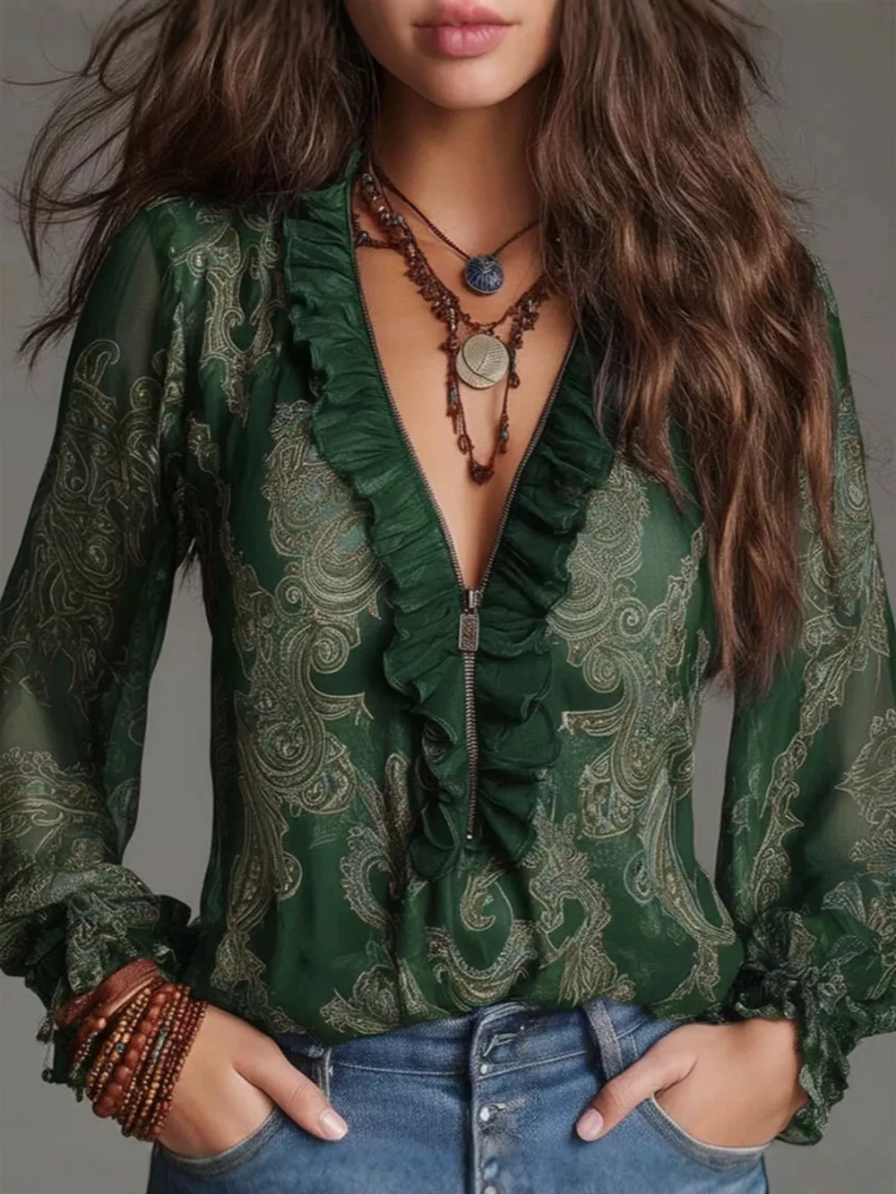 Full Size Paisley Print Ruffle Trim Zip-Front Blouse Plus Size, image 12