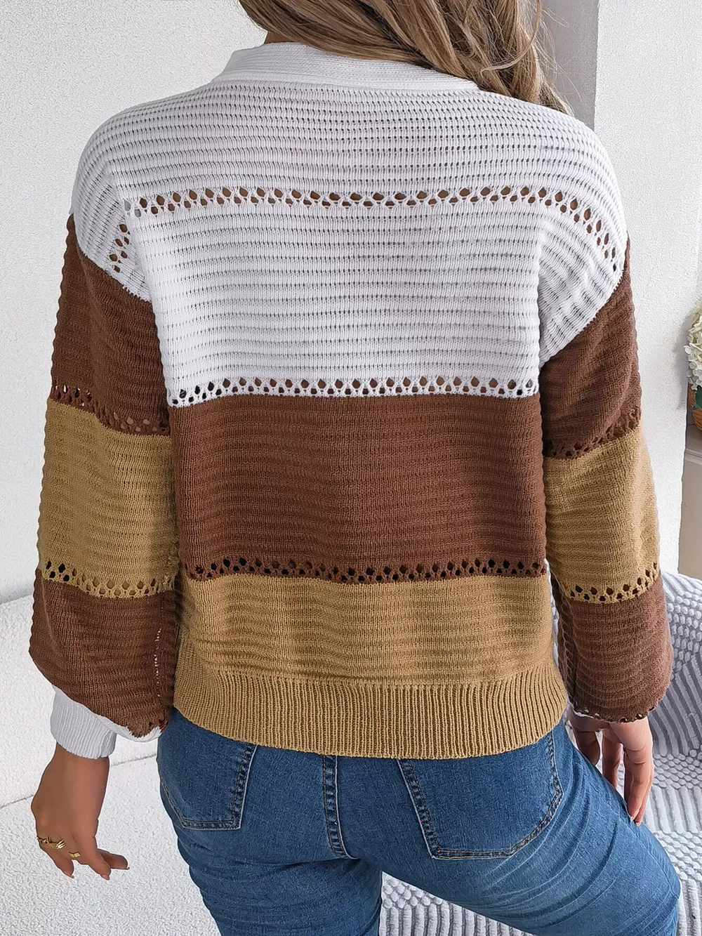 Color Block Striped V-Neck Button Detail Sweater, image 3