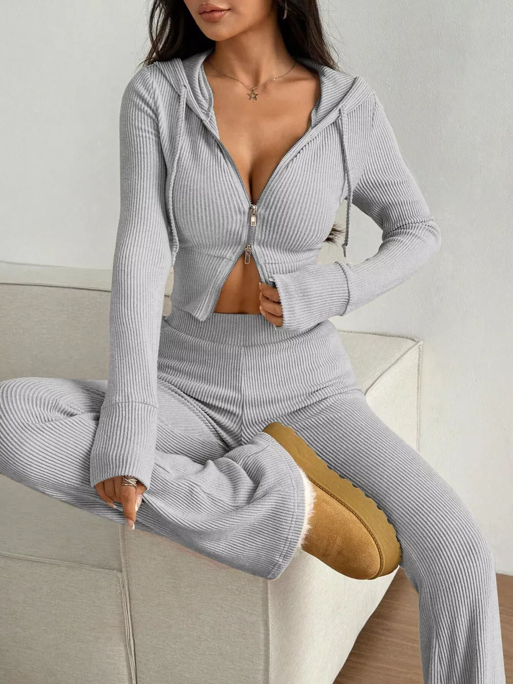 Ribbed Knit Zip-Up Hooded Top and Flared Pants Set, image 3