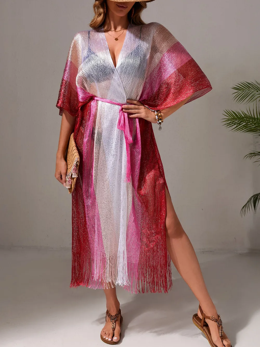 Gradient Fringe Kimono Cover-Up, image 2