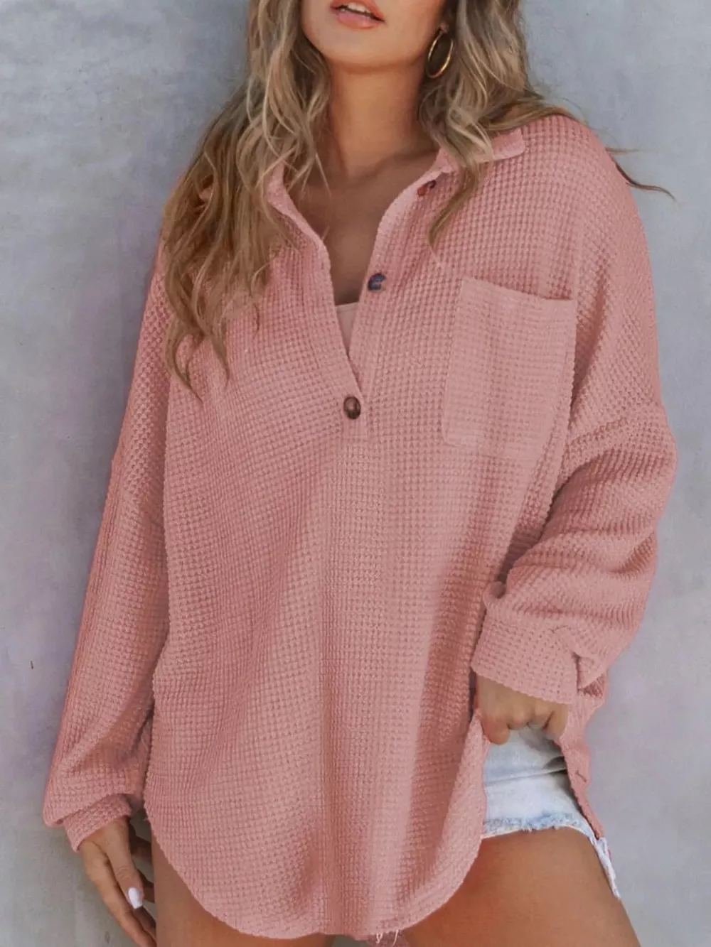 Casual Waffle Knit Button Detail Blouse, image 25