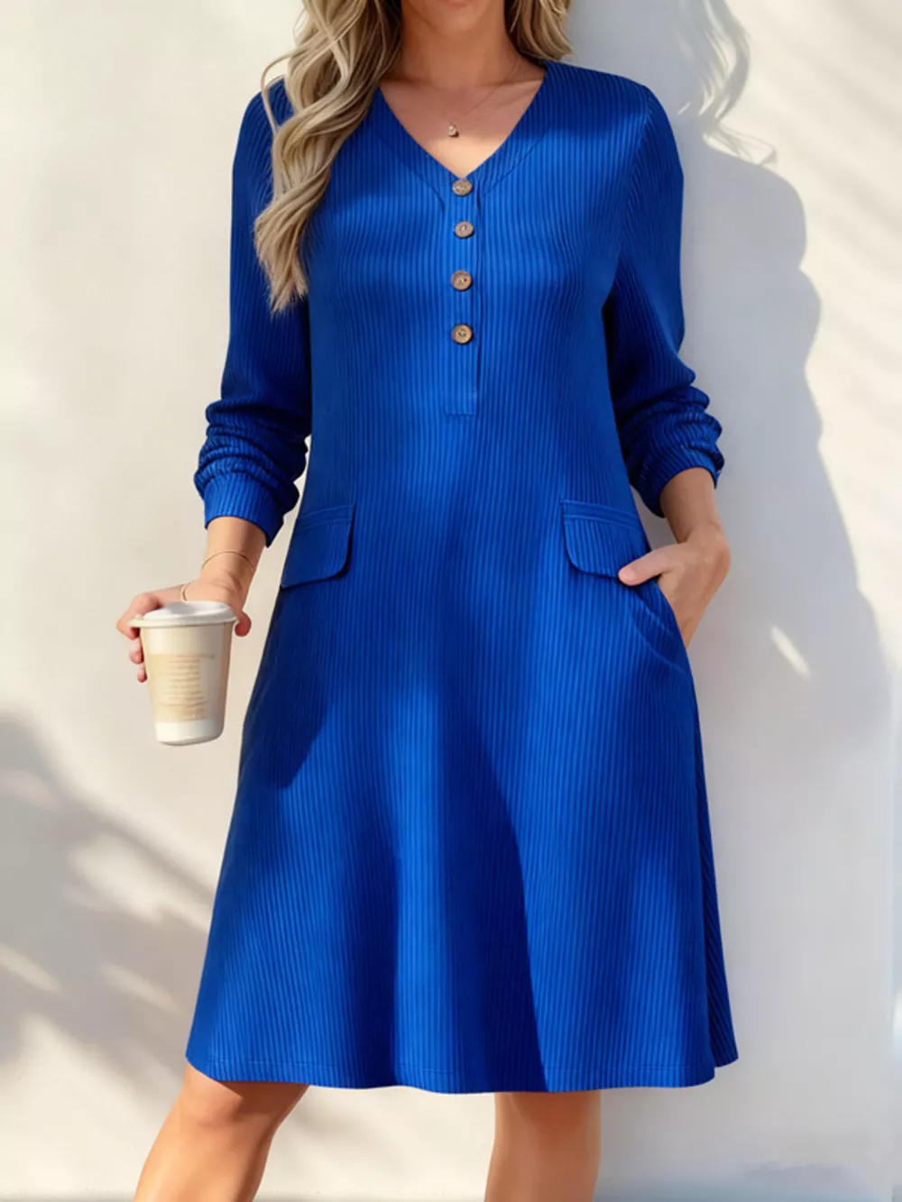 Full Size Ribbed Knit V-Neck Dress Plus Size, image 3