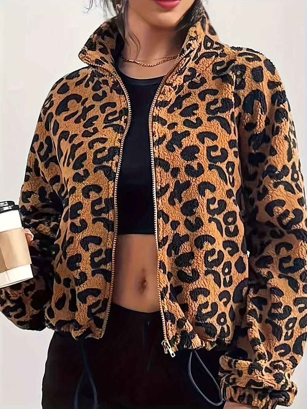Leopard Fleece Zip-Up Jacket, image 4