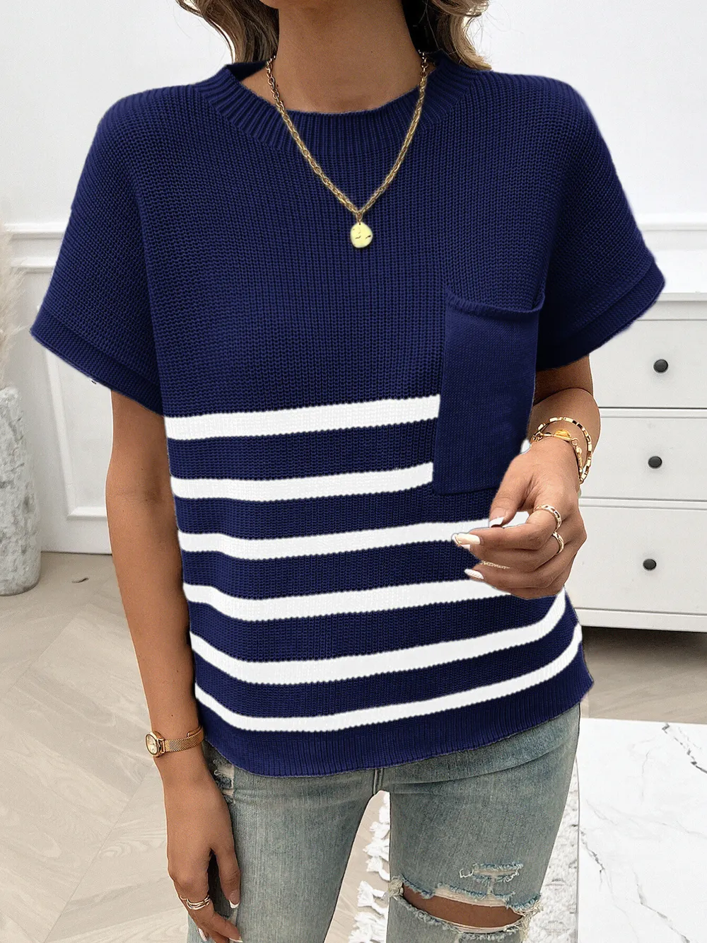 Striped Round Neck Short Sleeve Sweater, image 6