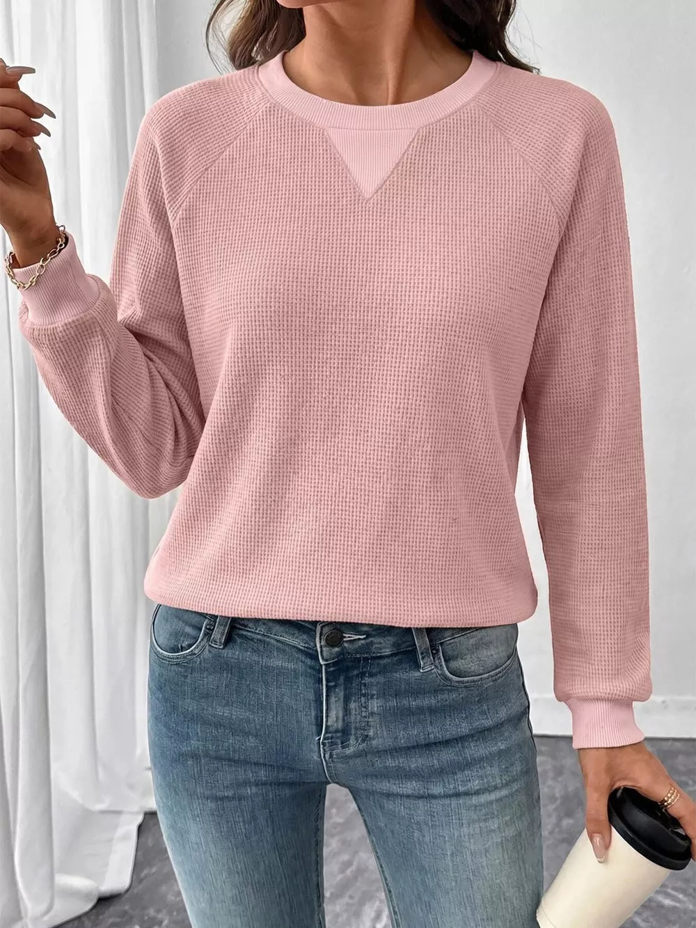 Waffle Knit Crew Neck Long Sleeve Sweatshirt, image 4