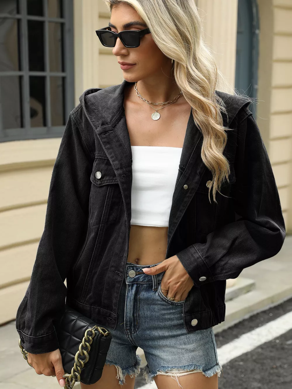 Washed Button Up Hooded Denim Jacket, image 7