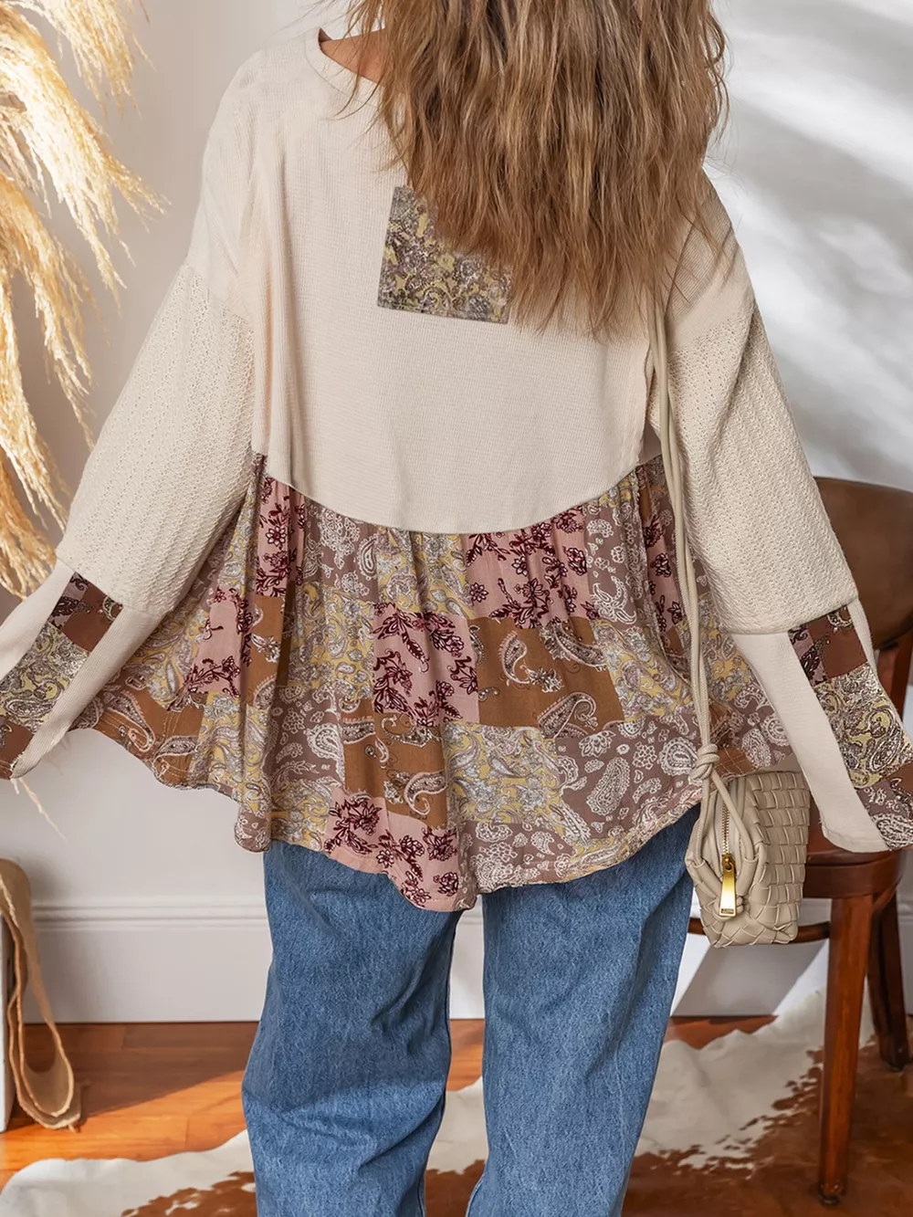 Paisley Ethnic Print Contrast Patchwork Long Sleeve Loose Top, image 3