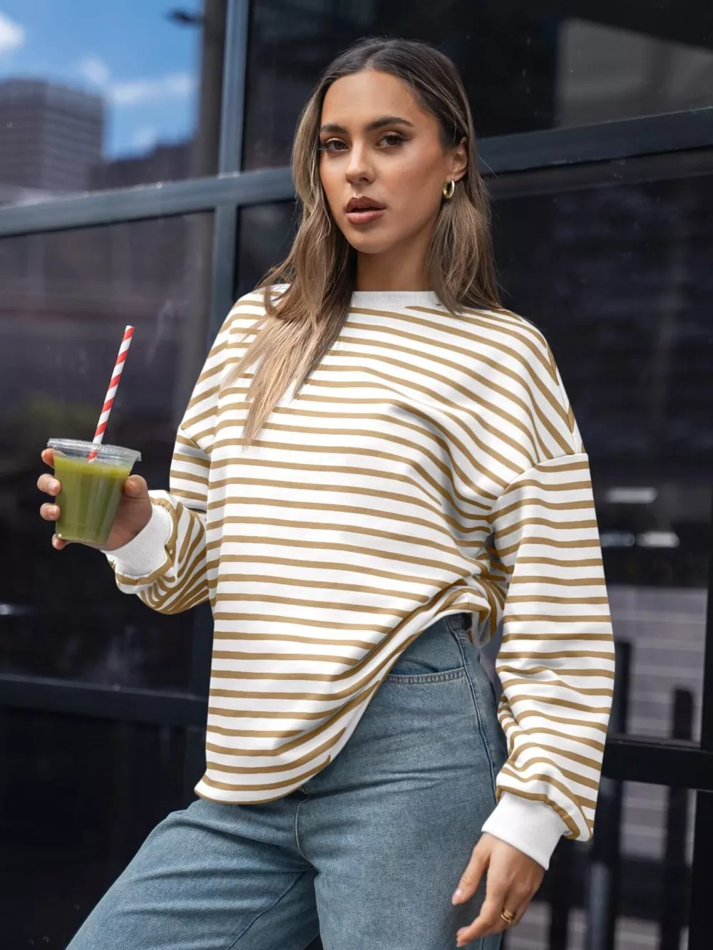Striped Round Neck Oversized Casual Sweatshirt, image 22