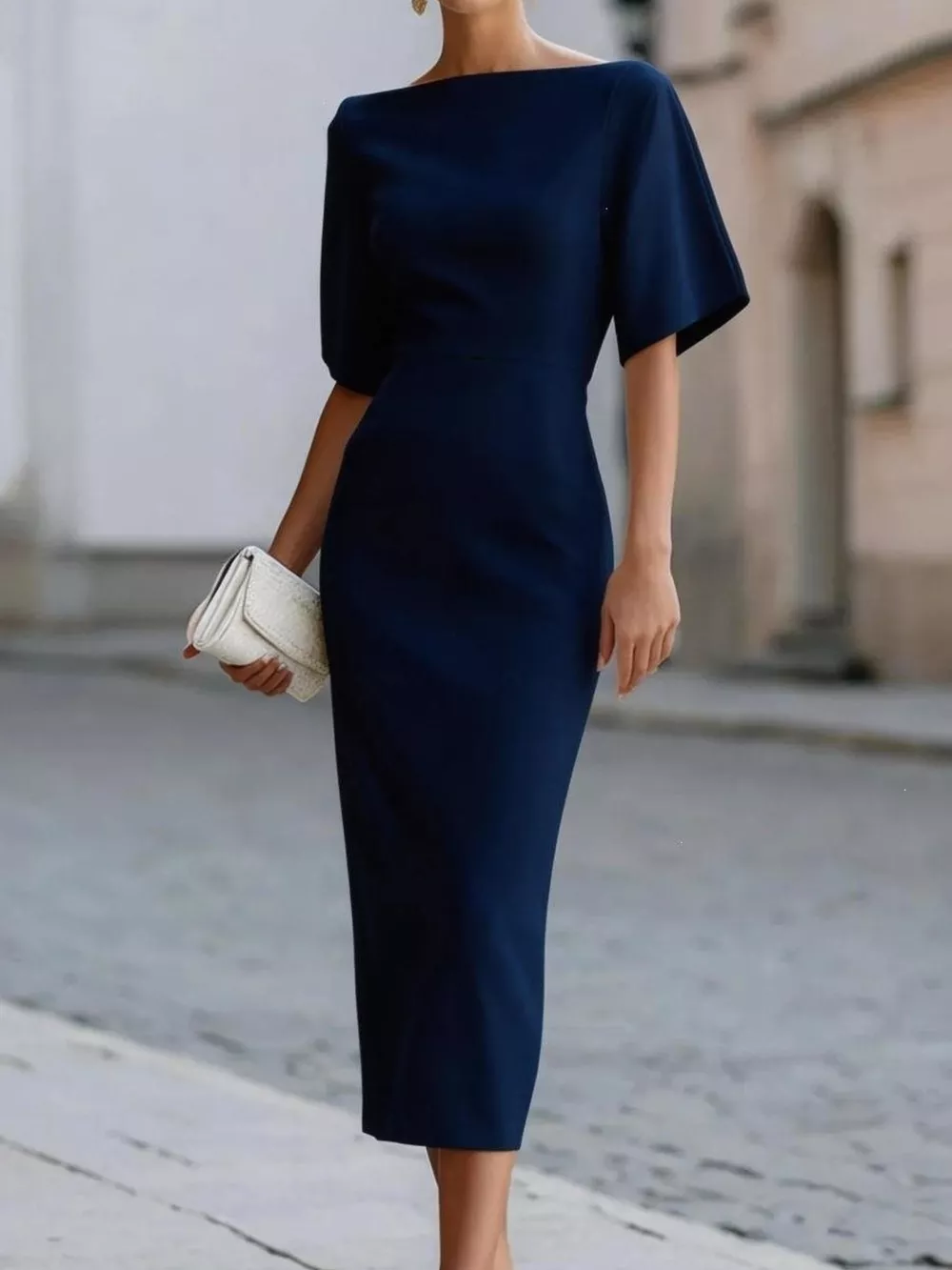 Half Sleeve Boat Neck Midi Dress, image 7
