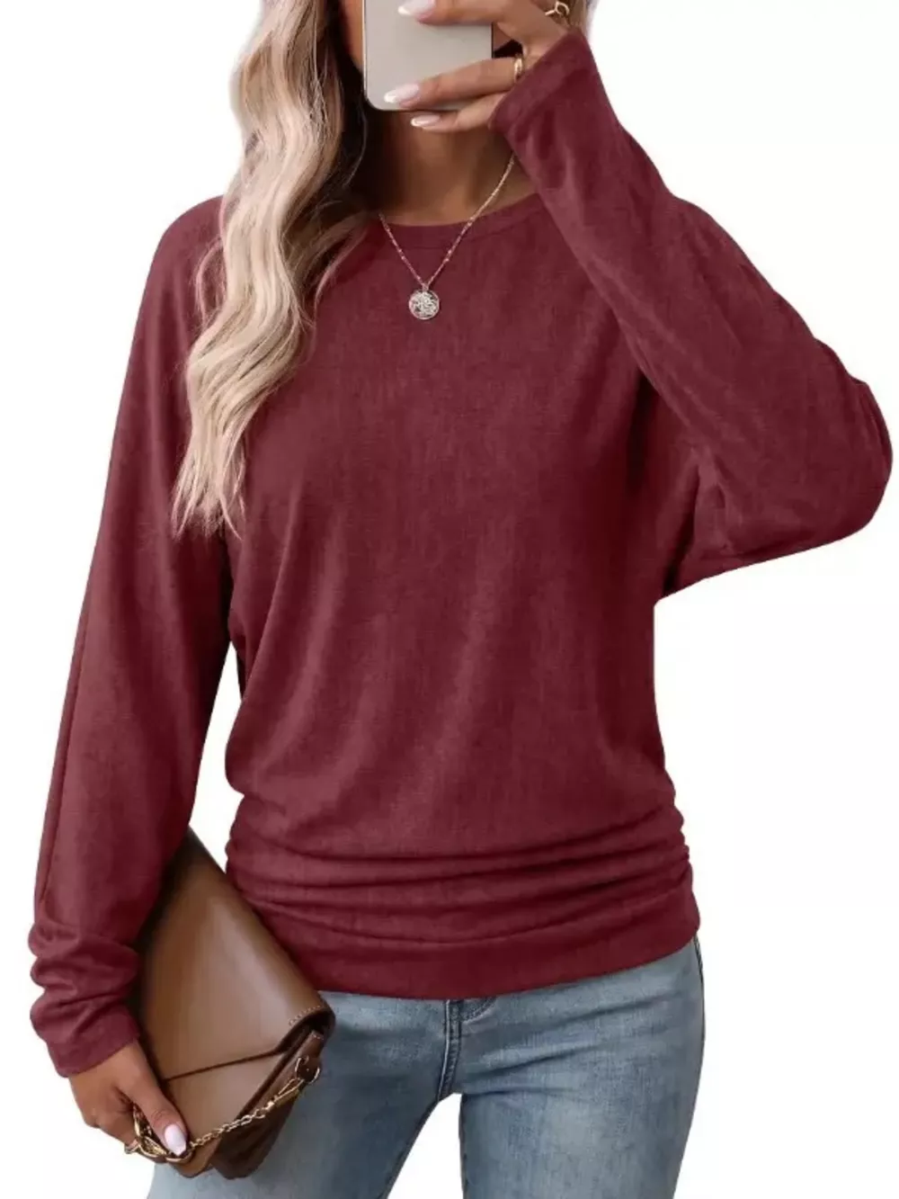 Long Sleeve Crew Neck Casual T-Shirt with Ruched Hem, image 7