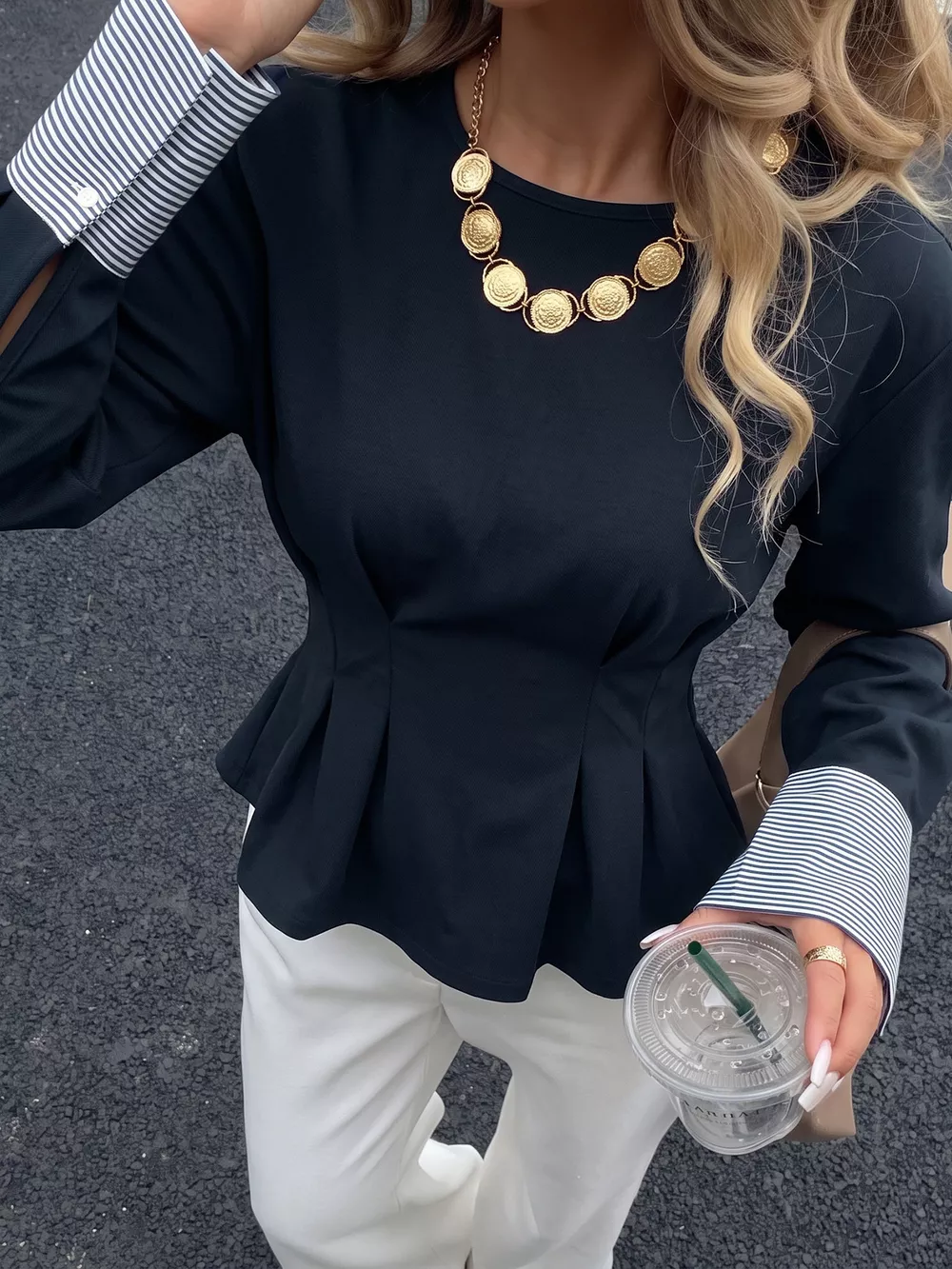 Round Neck Peplum Top with Striped Cuffs, image 3