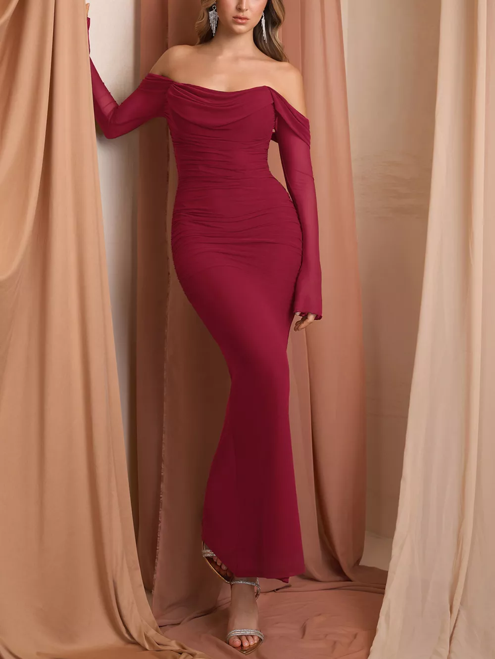 Off-Shoulder Ruched Mermaid Maxi Dress, image 15