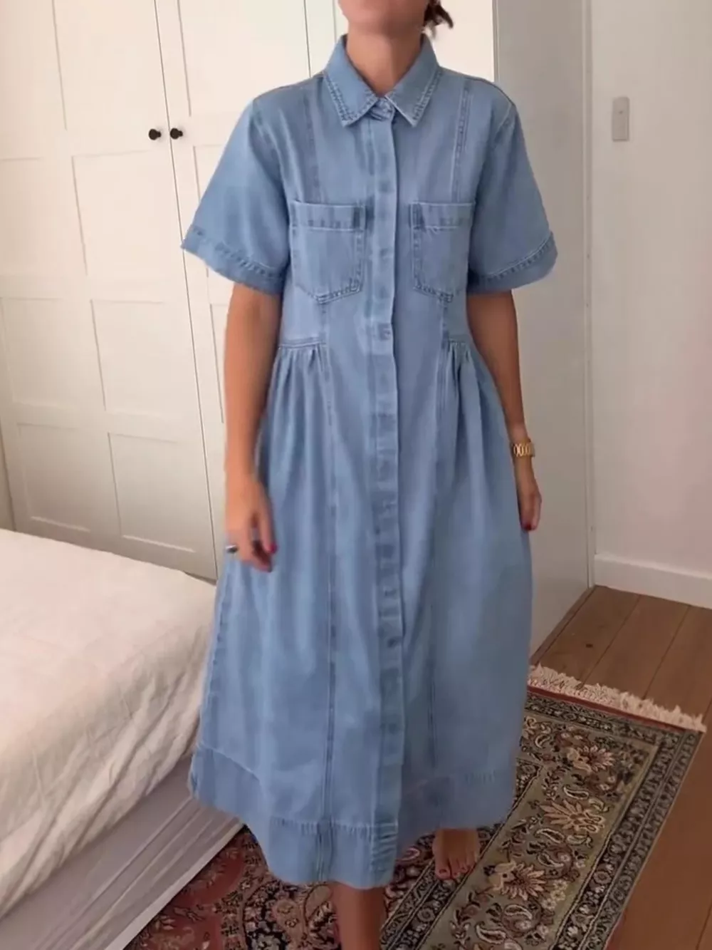 Full Size Button Front Denim Midi Dress Plus Size, image 3