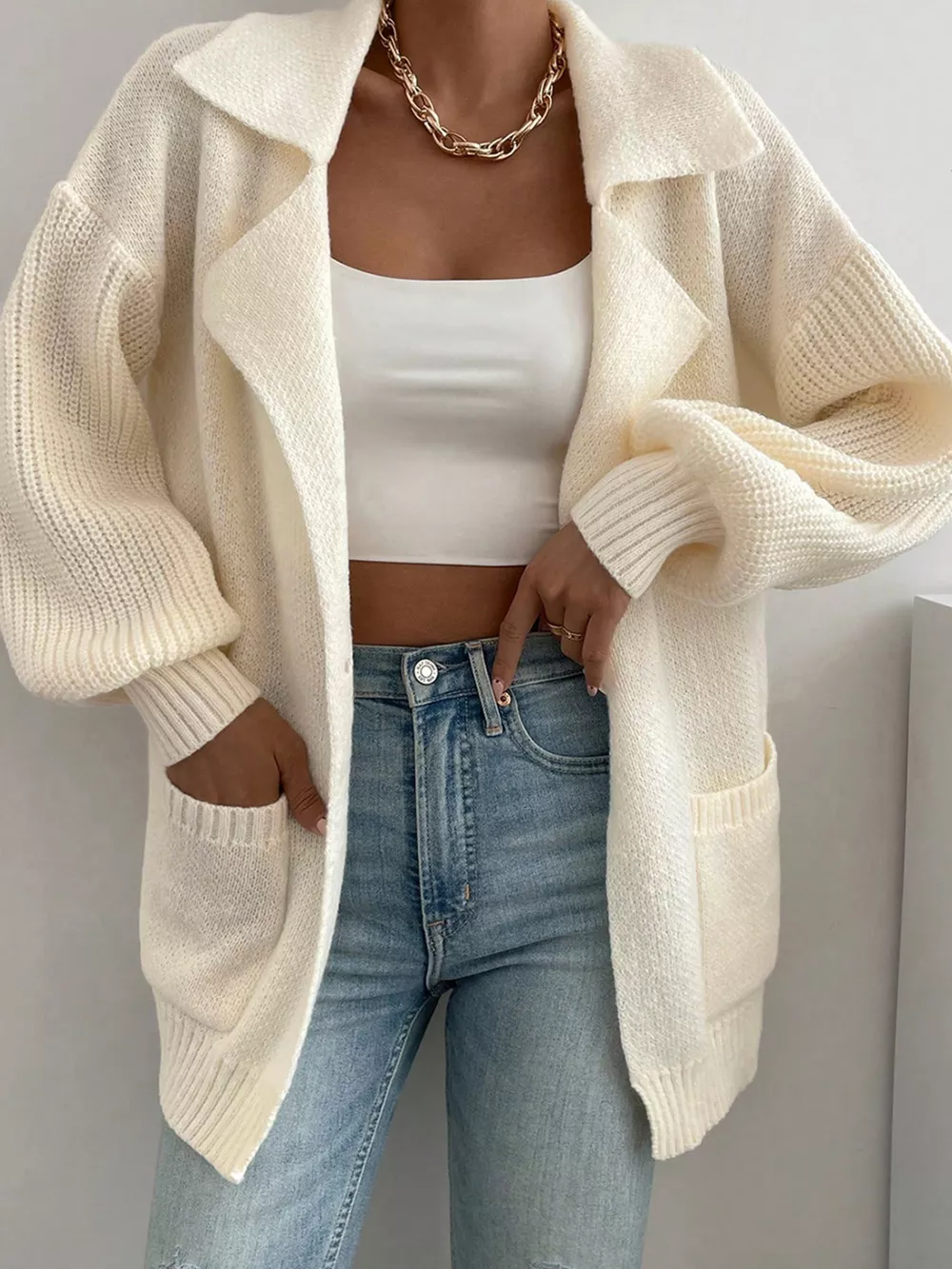 Solid Color Knit Lapel Collar Single Button Sweater Cardigan, image 11