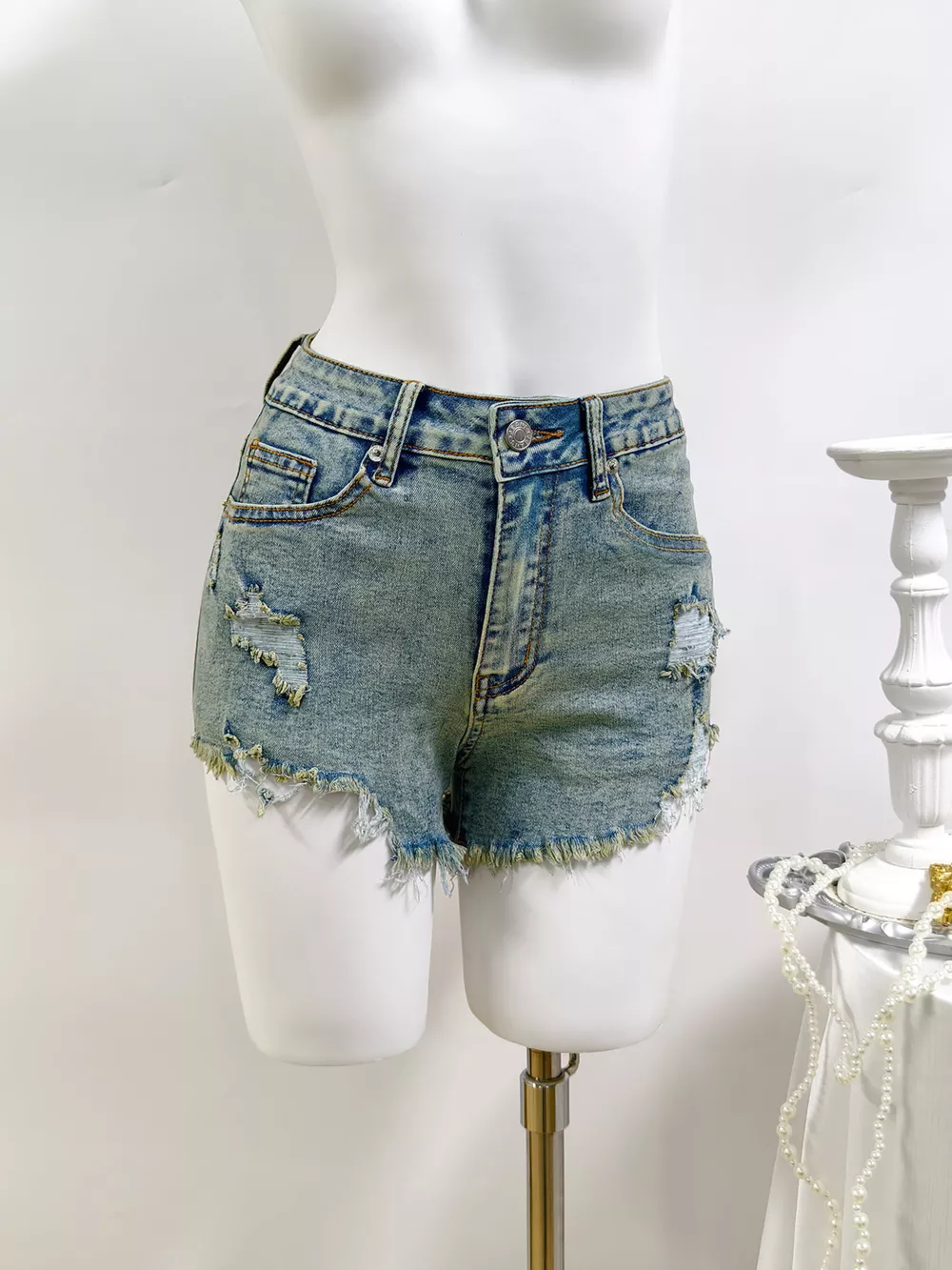 High-Waisted Distressed Raw Hem Denim Shorts