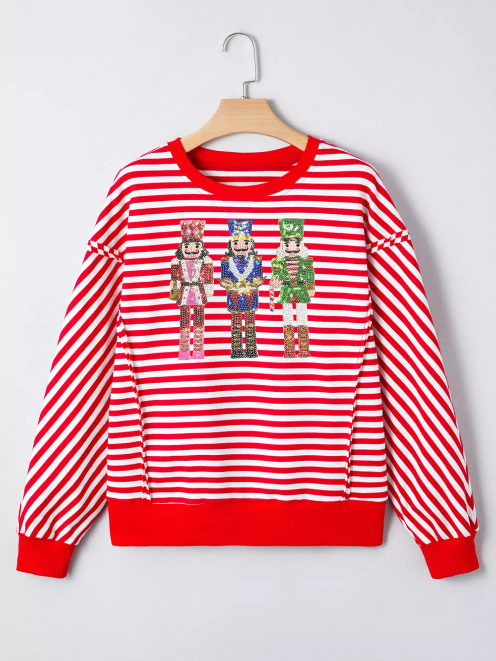 Stripe Christmas Nutcracker Sequin Patched Drop Shoulder Top, image 3