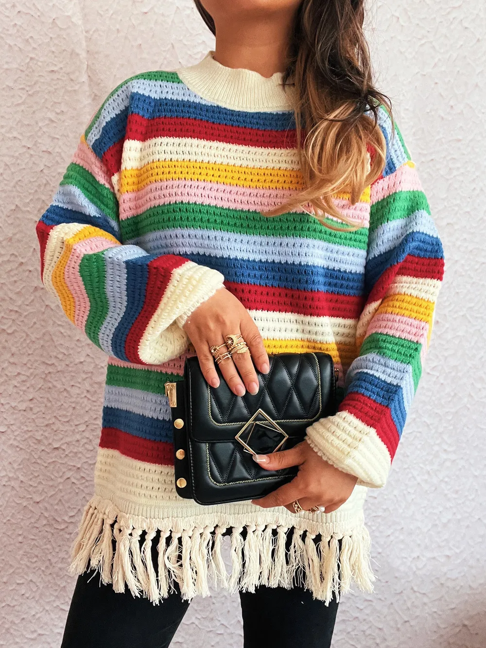 Tassel Rainbow Striped Long Sleeve Sweater, image 6