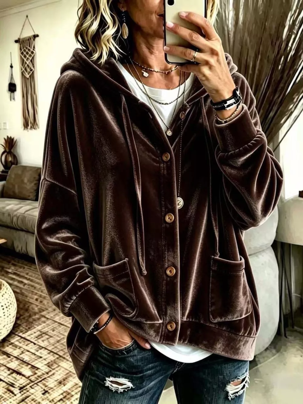 Full Size Casual Button-Down Hooded Outerwear Plus Size, image 7