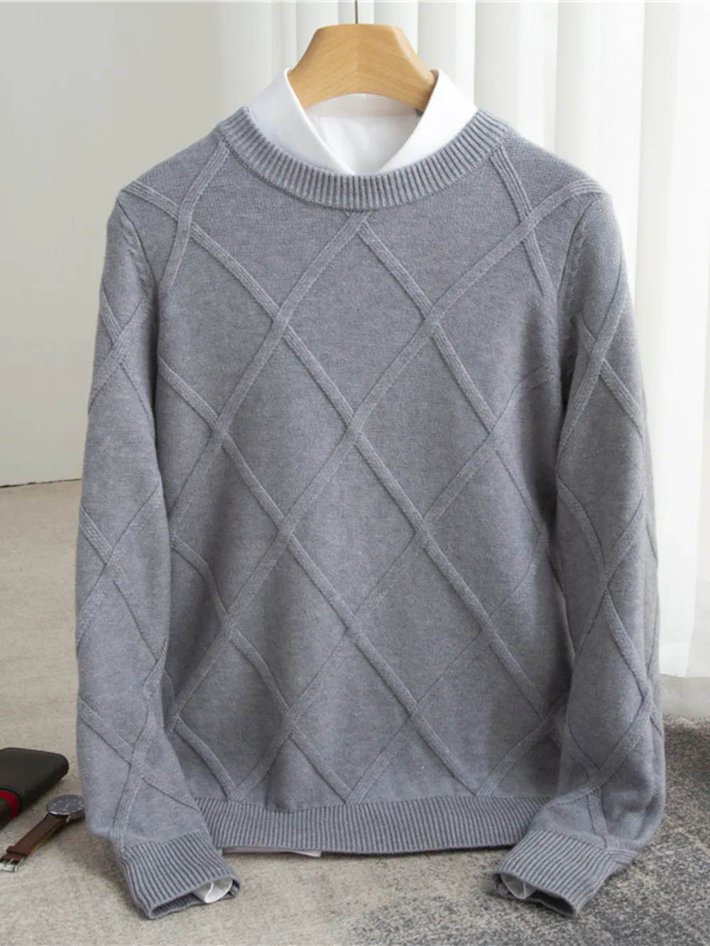 Men's Full Size Diamond Pattern Long Sleeve Sweater Plus Size, image 3