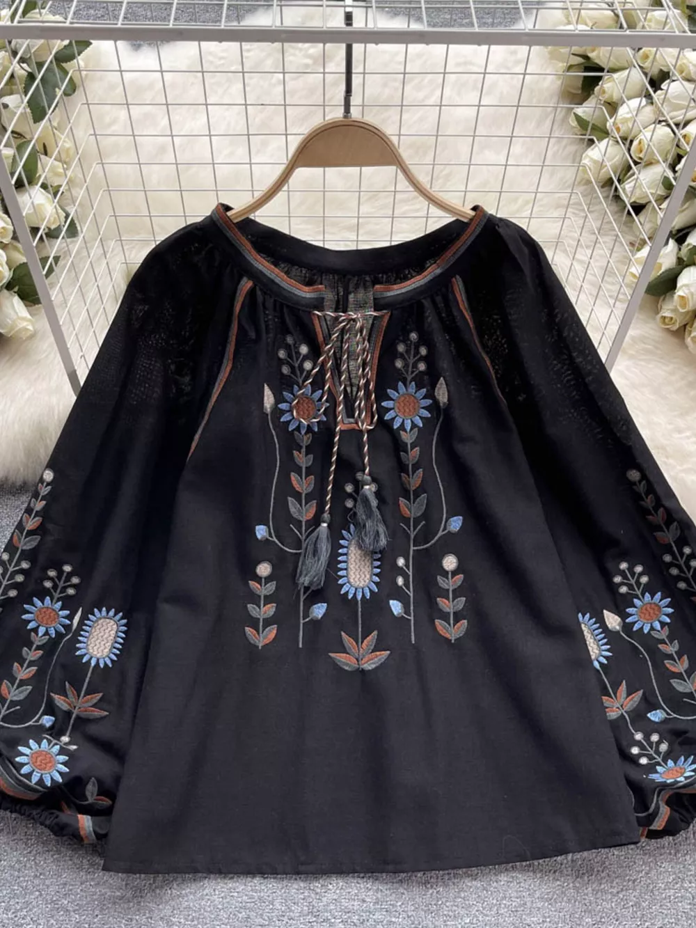 Embroidered Tie Neck Blouse, image 4