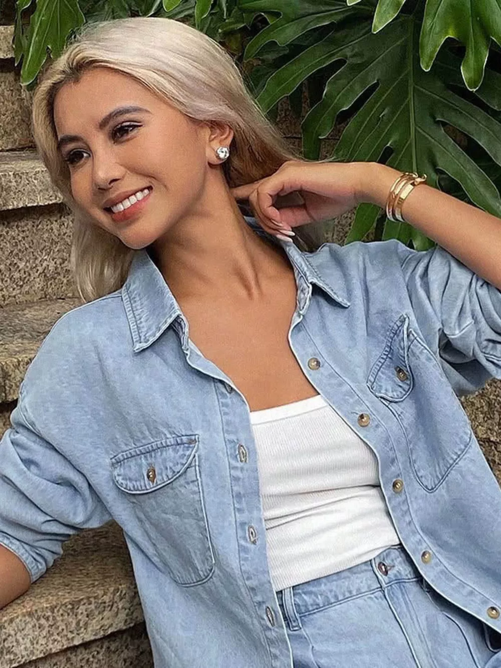Button Up Long Sleeve Shirt and Shorts Denim Set, image 11