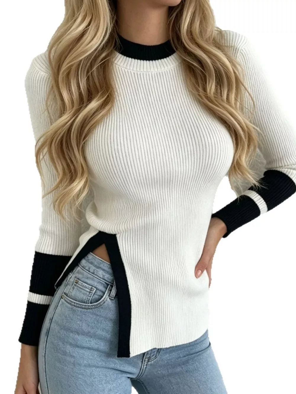 Side Slit Contrast Trim Sweater, image 2