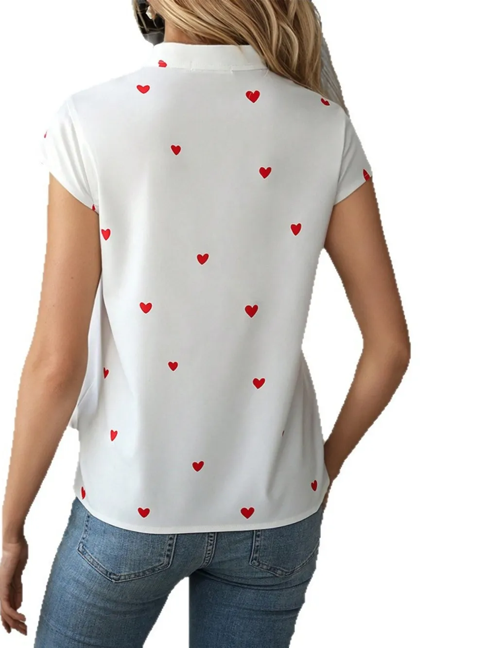 Heart Print Cap Sleeve Button-Up Shirt, image 2
