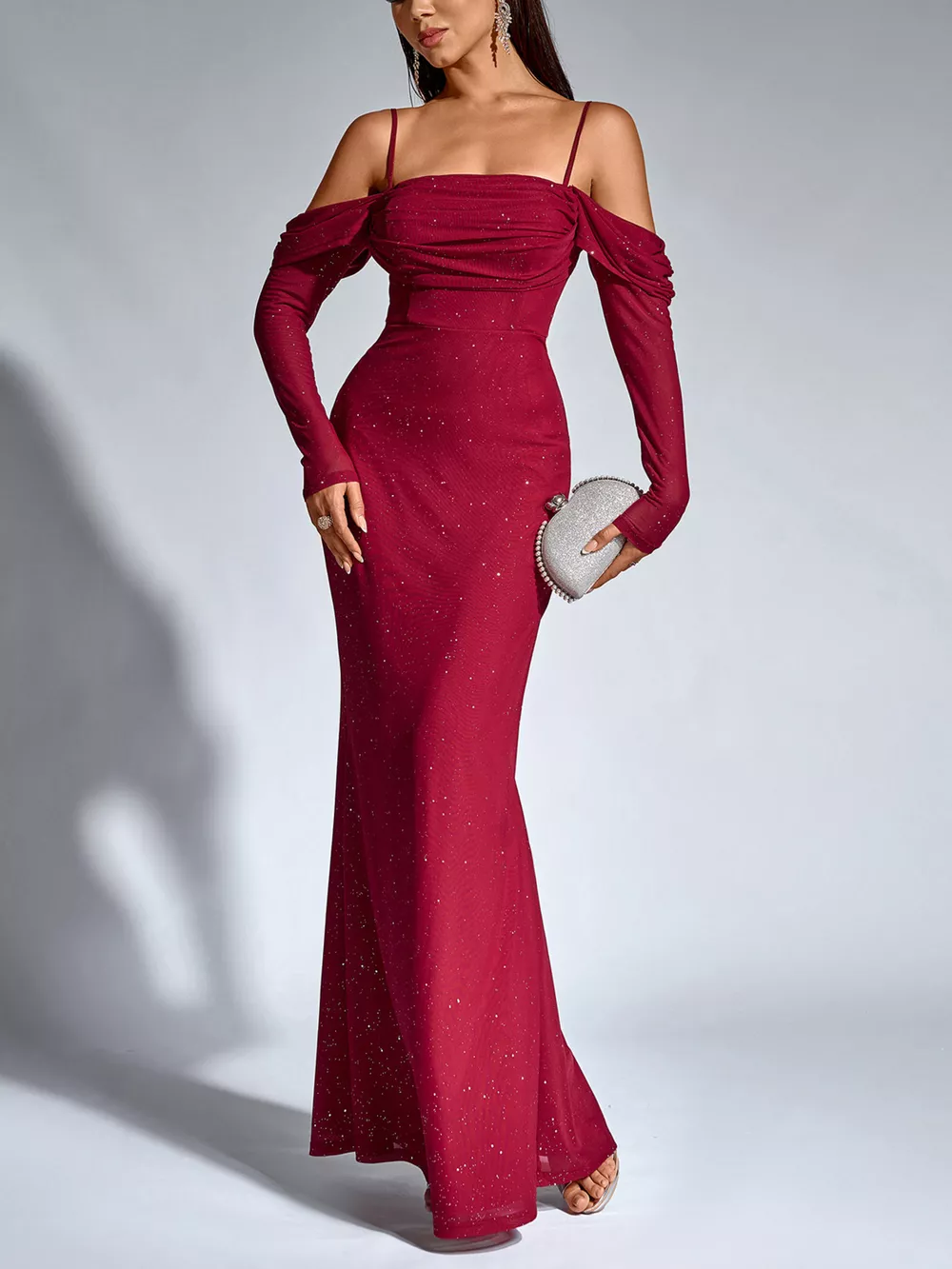 Glitter Ruched Long Sleeve Mermaid Maxi Dress, image 4