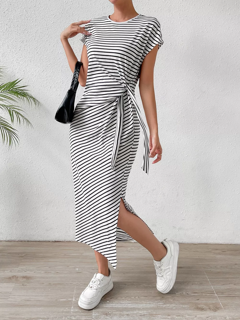 Striped Tie Side Casual Midi Dress, image 5