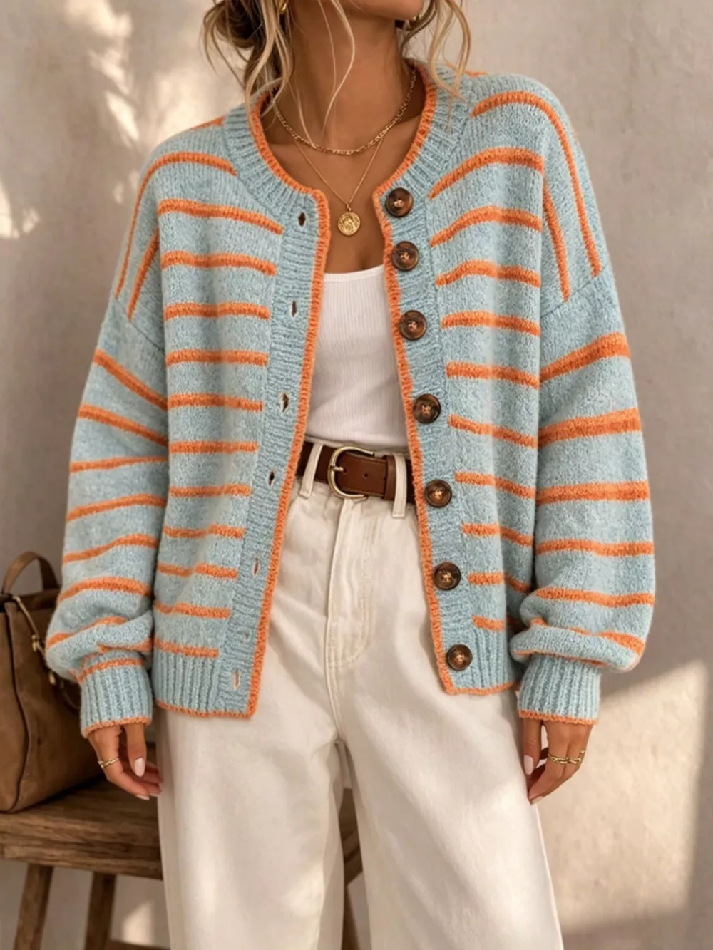 Striped Button-Down Knit Cardigan, image 2