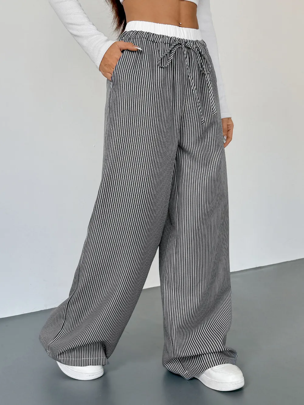 Striped Wide Leg Drawstring Pants, image 2