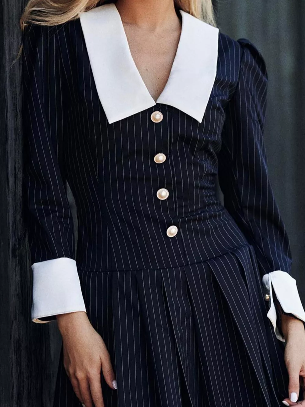 Striped Long-Sleeve Pleated Mini Dress, image 4