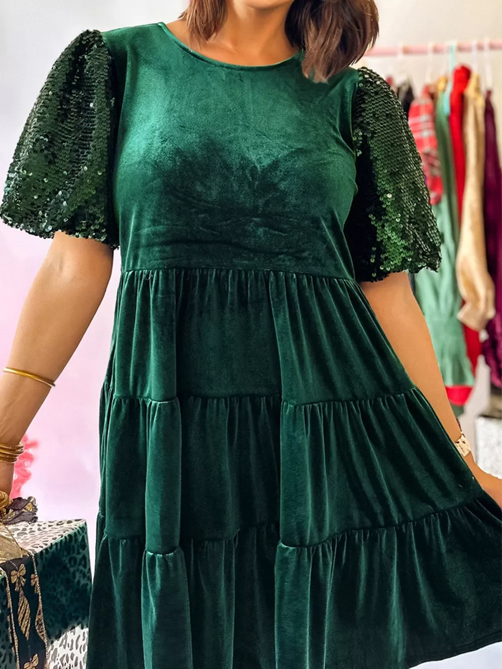Sequin Puff Sleeve High Waist Tiered Velvet Mini Dress, image 5