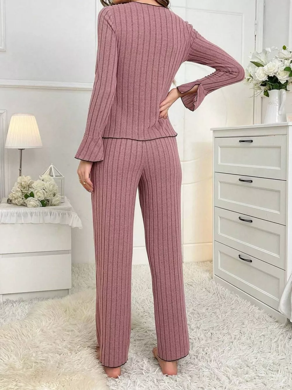 Contrast Bow Detail Top and Pants Lounge Set, image 14