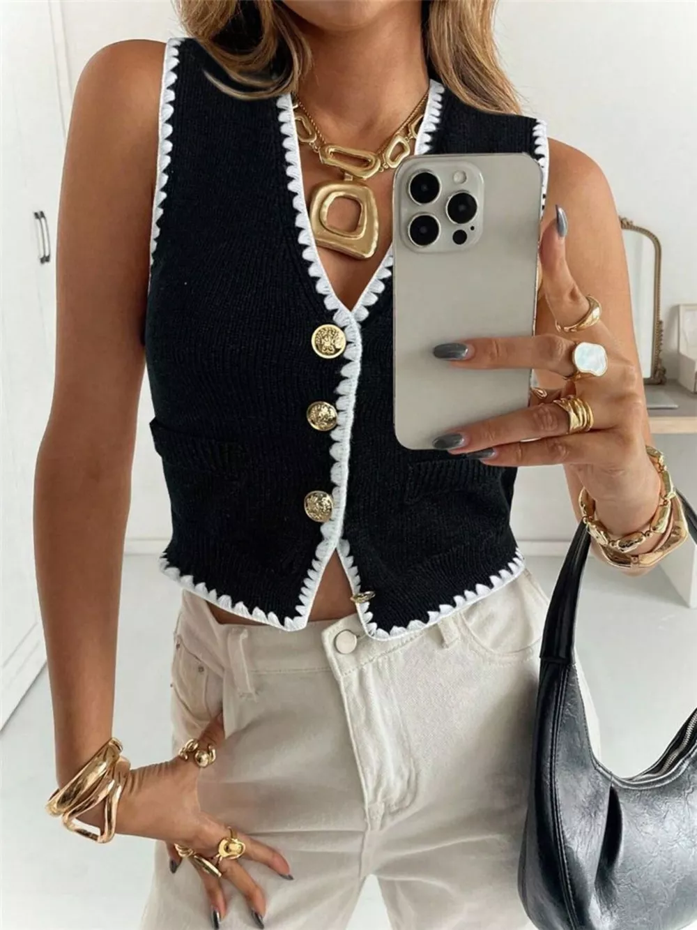 Contrast Trim Button Up Sweater Vest, image 8