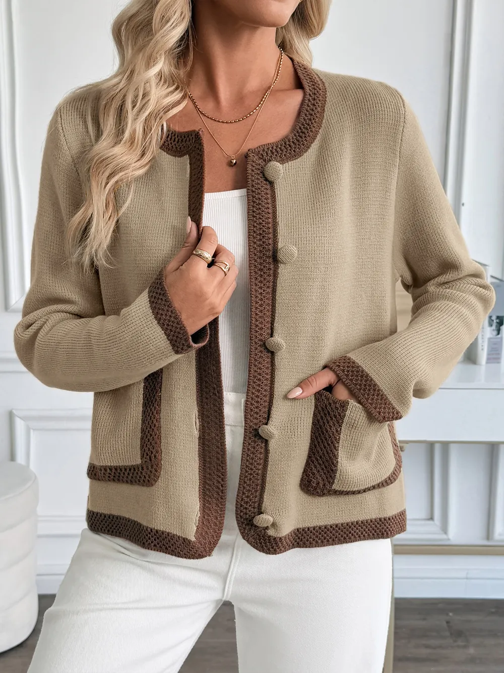 Button-Front Cardigan with Contrast Trim, image 2