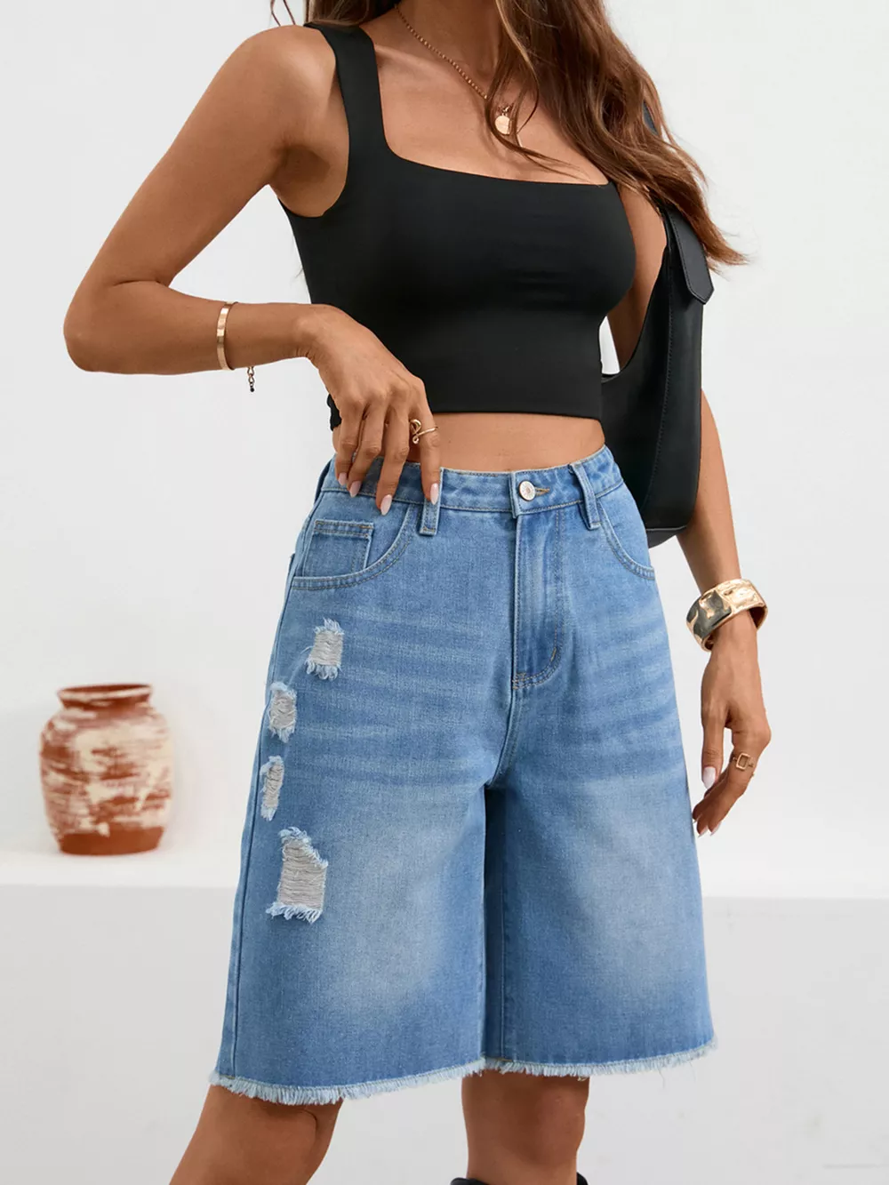 Ripped Frayed Hem Denim Shorts, image 10