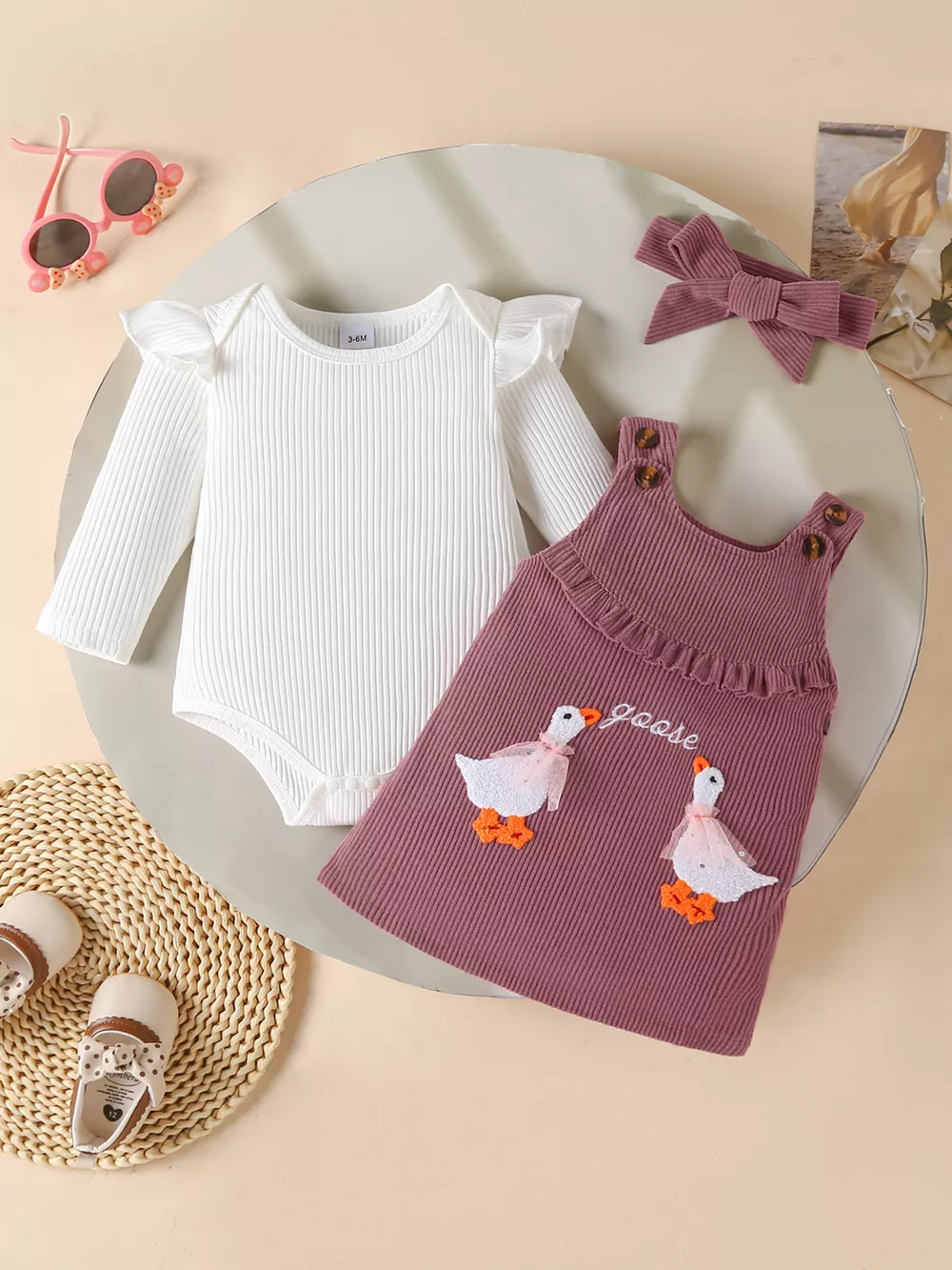 Children's Ruffled Trim Bodysuit and Dress Set with Headband, image 10
