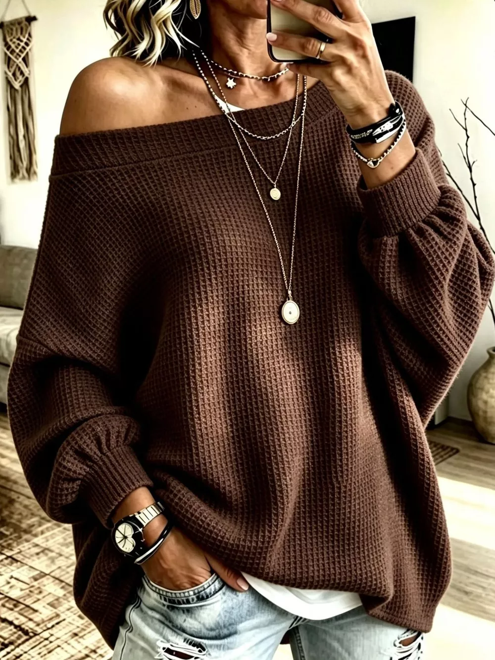 Full Size Waffle Knit Boat Neck Sweatshirt Plus Size, image 4