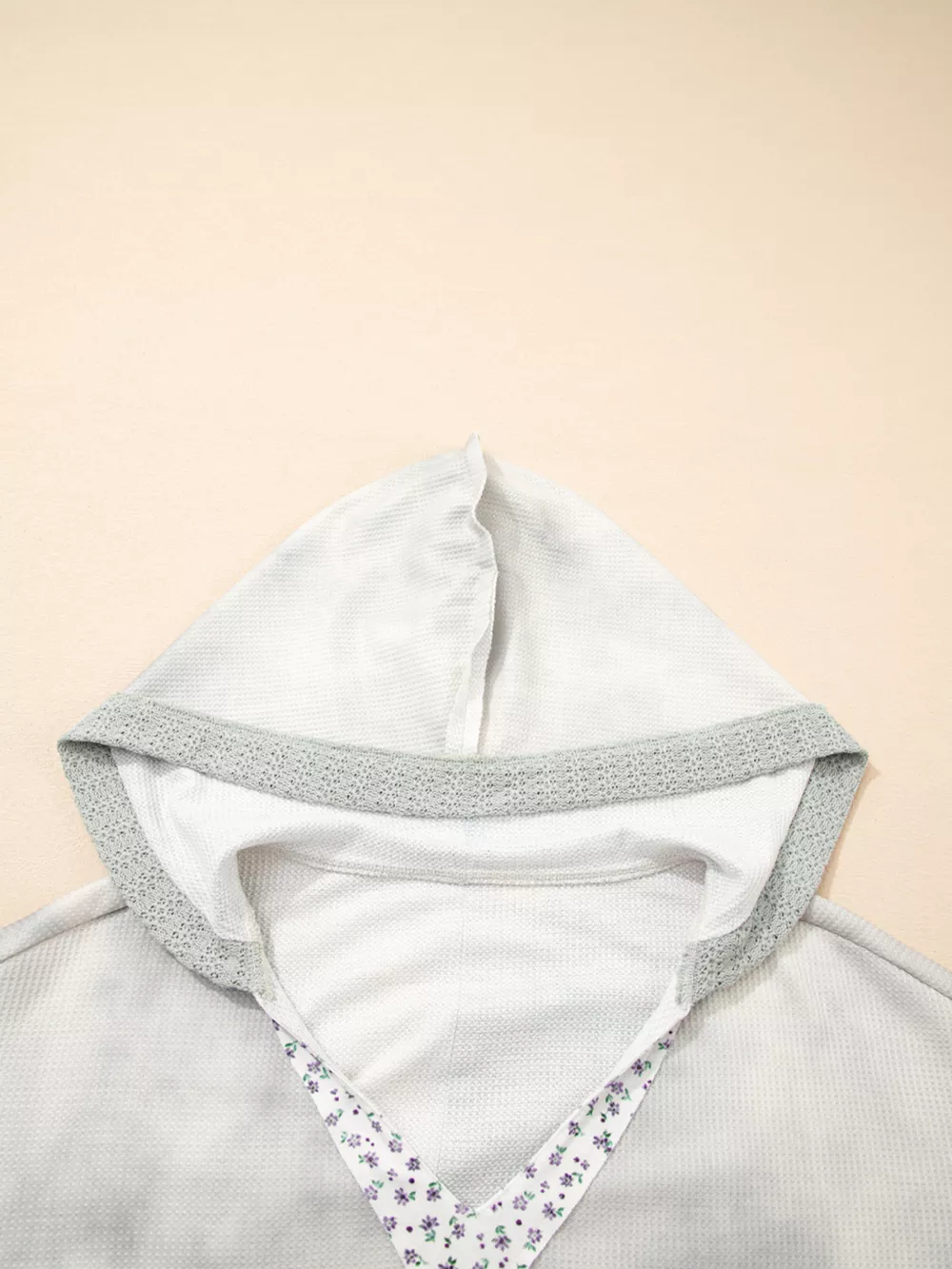 Floral Patched Waffle Textured V Neck Casual Hooded Top, image 3