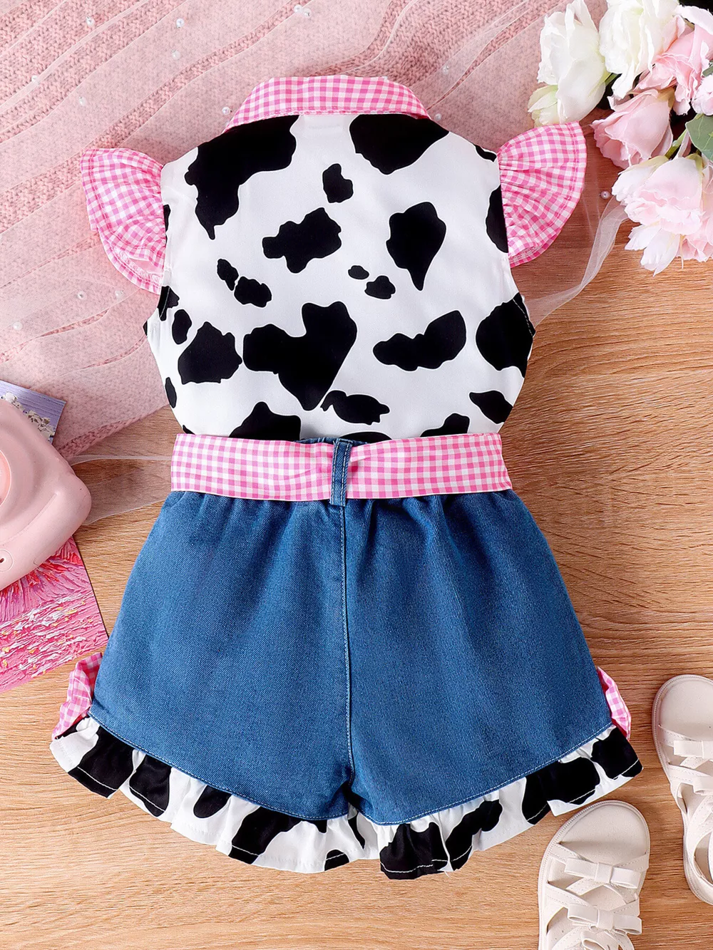 Children's Cow Print Ruffle Trim Top and Denim Shorts Set, image 3