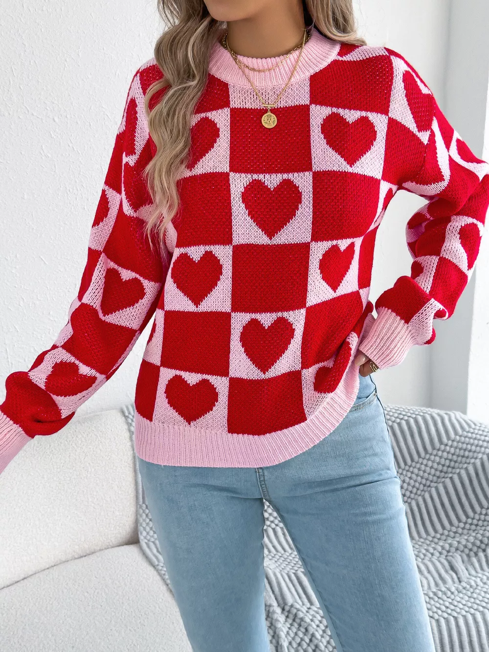 Heart Checkerboard Pattern Round Neck Sweater, image 15