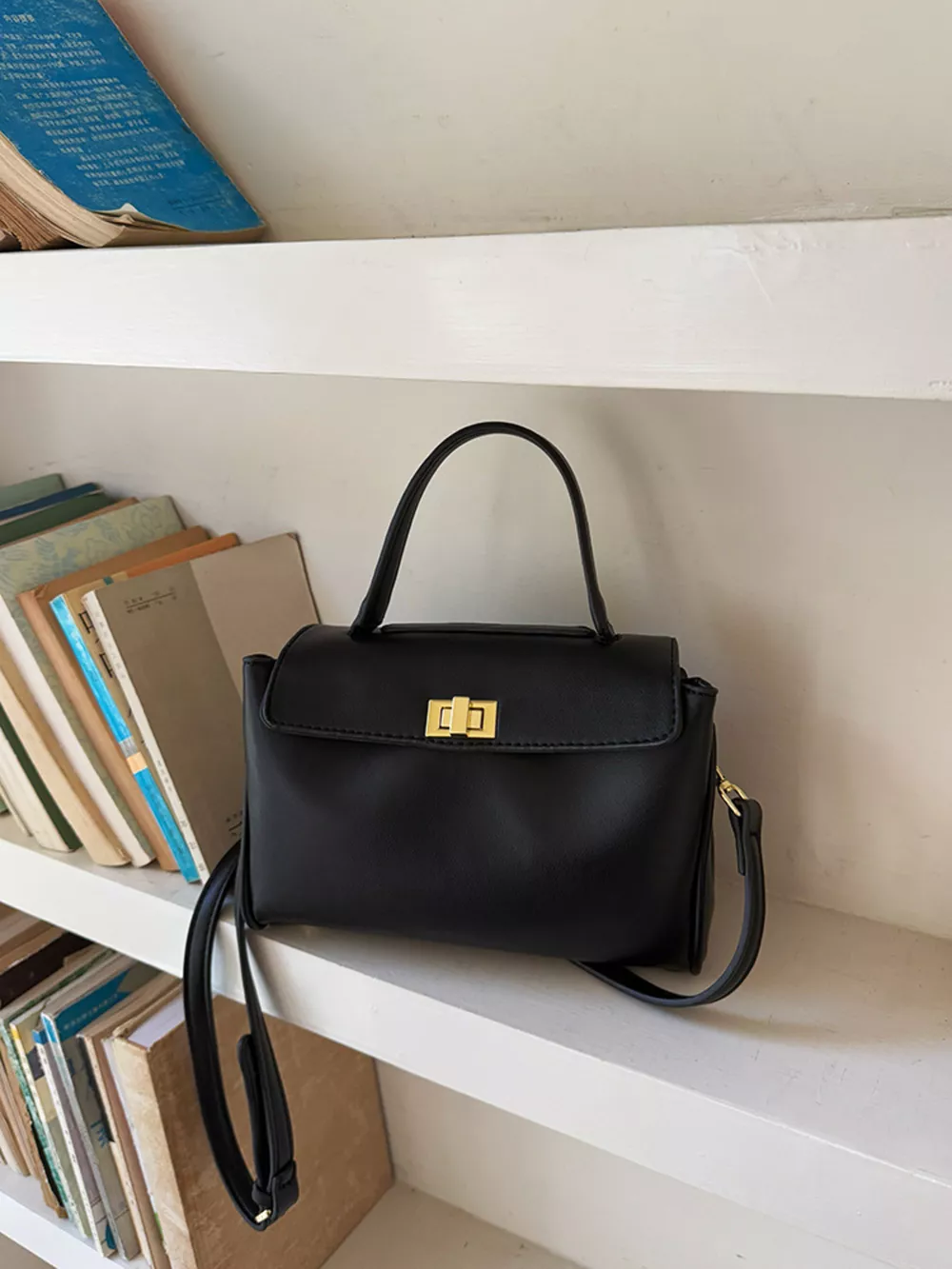 Golden Clasp Leather Crossbody Bag, image 10