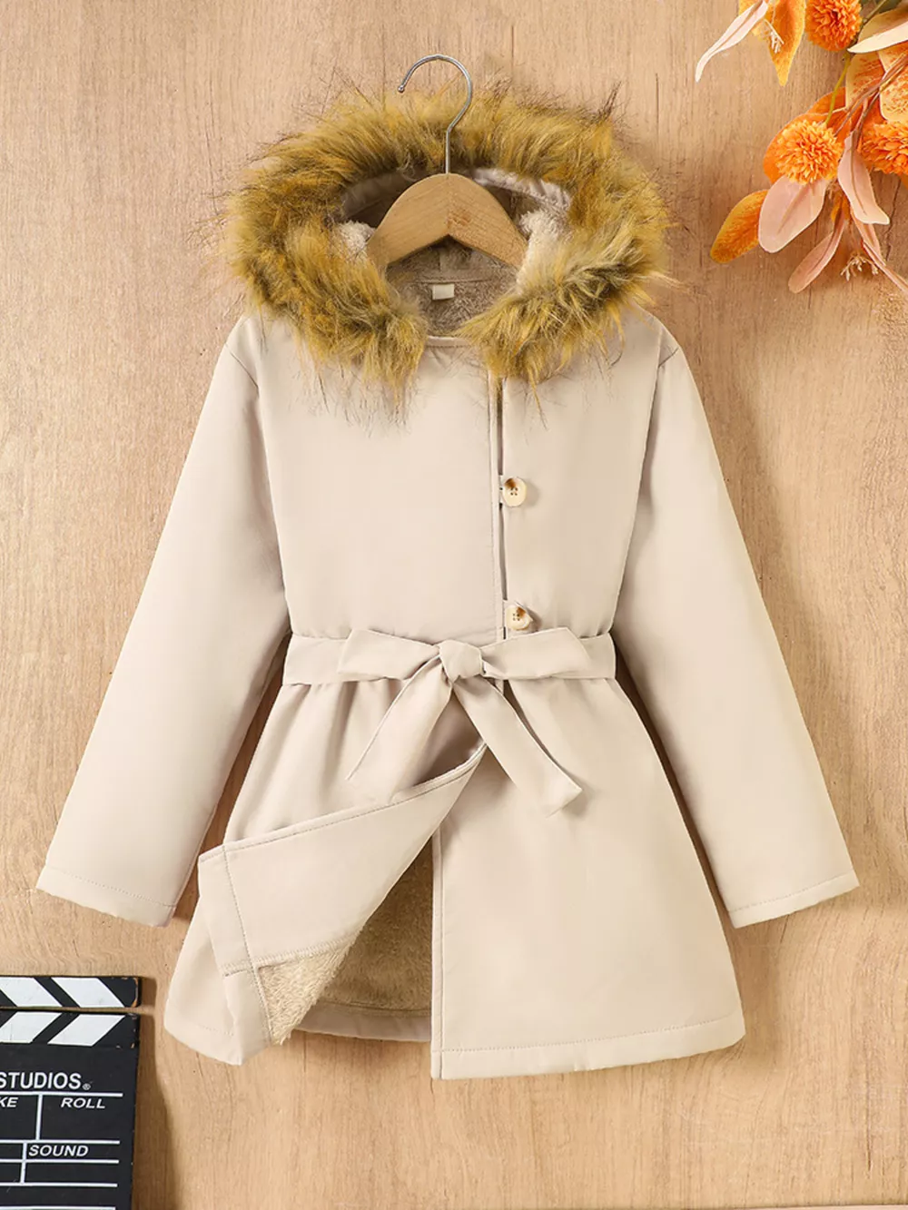 Children's Tie Waist Faux Fur Hooded Outerwear