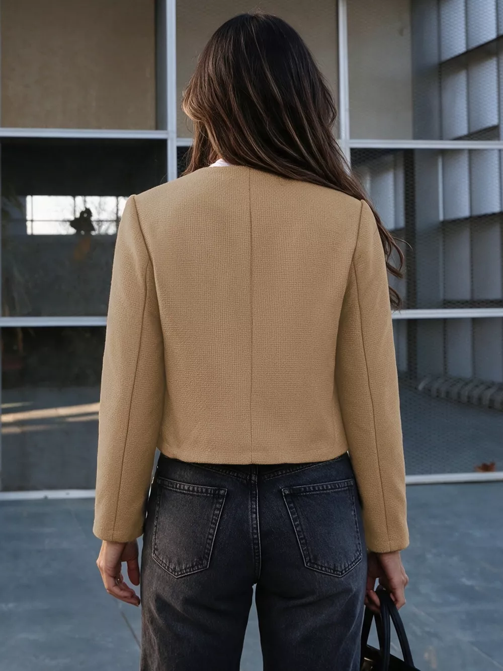 Textured Cropped Jacket with Gold-Tone Button, image 6